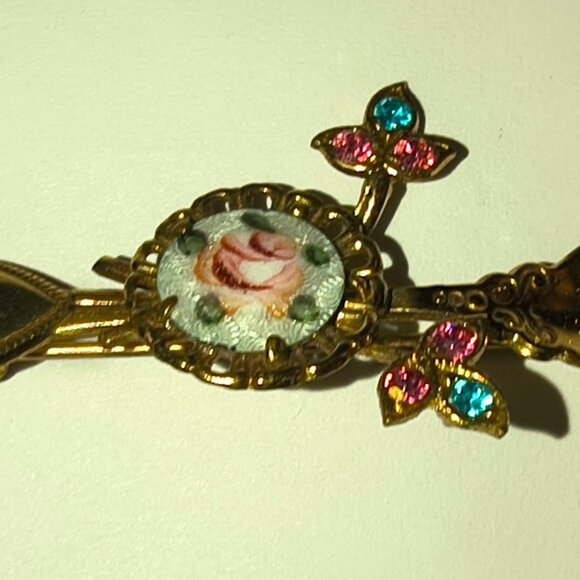 Vintage 1950's CORO Guilloche Rose Enamel Pin & Screw Back Earrings 13 - Picture 2 of 8